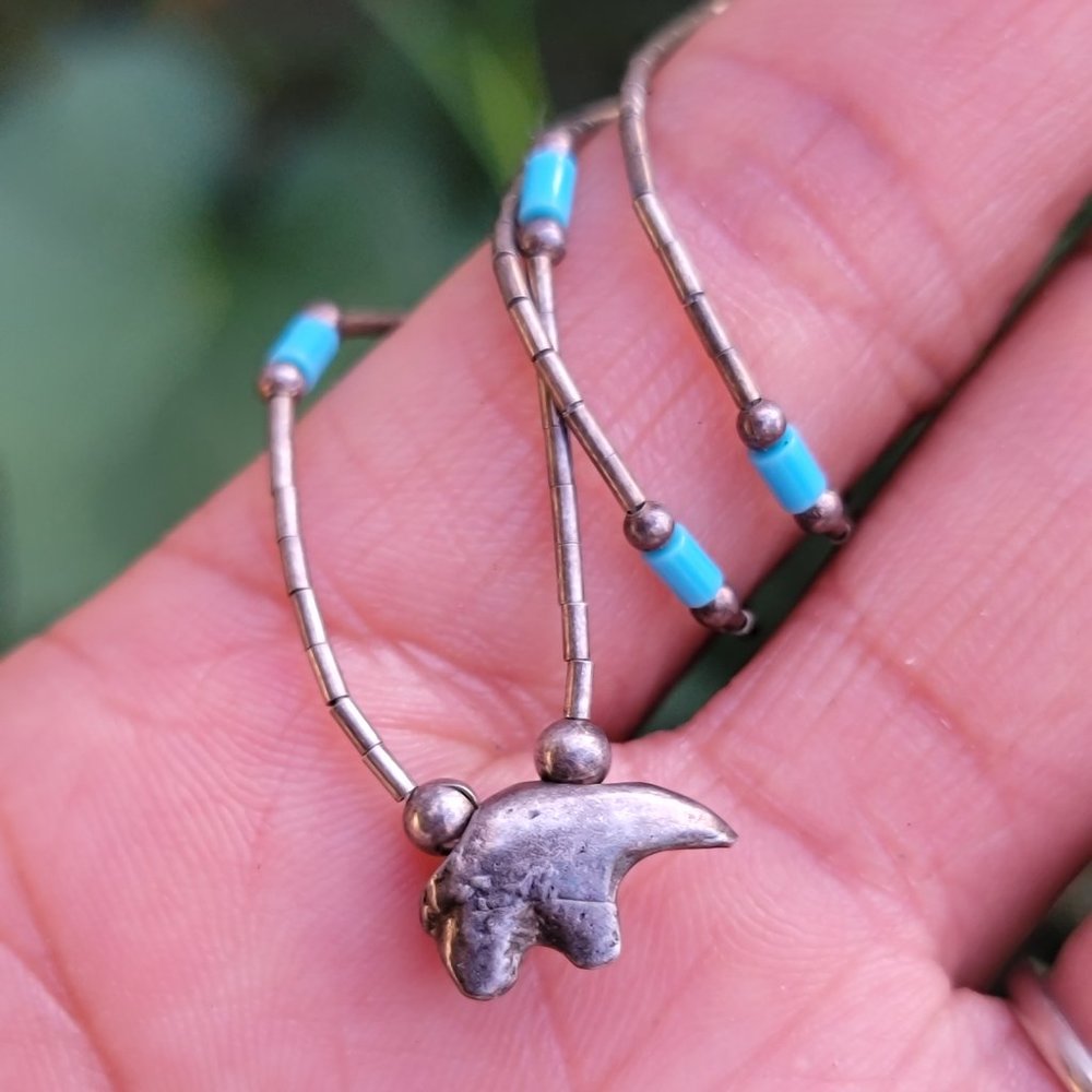 Vintage Native American handmade 925 sterling silver heishi bear necklace !FIRM!